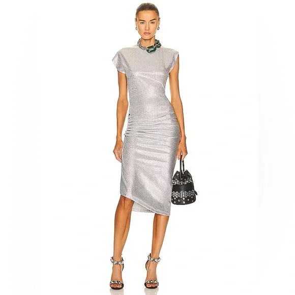 Paco Rabanne silver asymmetric ruched midi dress - Picture 12 of 15